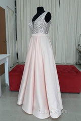 Sequins V-Neck Floor Length Satin Evening Prom Dress