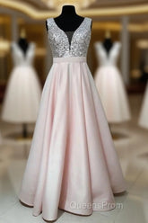 Sequins V-Neck Floor Length Satin Evening Prom Dress