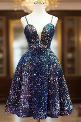 Sequins V-Neckline Short Straps Homecoming Dress, Short Sequins Evening Prom Dress