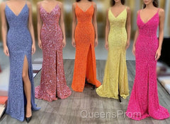Mermaid Yellow Sequins Long Evening Prom Dress with Slit