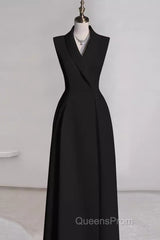 Sexy A Line Black Satin Party Dress Long Evening Prom Dress