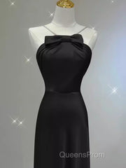 Sexy A Line Halter Long Black Satin Evening Prom Dress