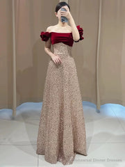 Sexy A Line Off The Shoulder Sequin Floor Length Evening Dress Prom Dresses