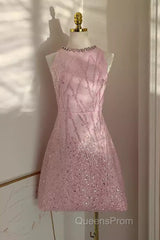 Sexy A Line Scoop Pink Sequin Travel Vacation Dress Short Birthday Dress