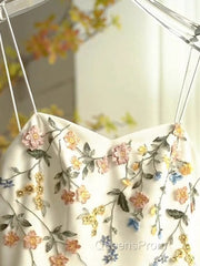 Sexy A Line Spaghetti Straps Ivory Floral Satin Evening Prom Dress Birthday Outfits Evening Gown