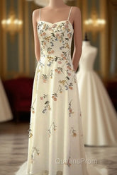 Sexy A Line Spaghetti Straps Ivory Floral Satin Evening Prom Dress Birthday Outfits Evening Gown