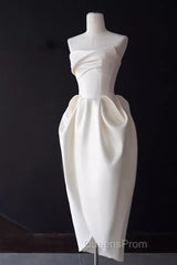 Sexy A Line Strapless Satin White Tea Length Wedding Dress Brides Dress