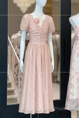 Sexy A Line V Neckline Pink Chiffon Beach Dress WomenS Vacation Dress