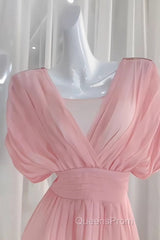 Sexy A Line V Neckline Ruffled Pink Chiffon Beach Dress WomenS Vacation Dress