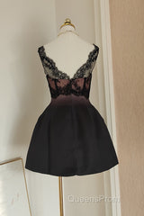 Sexy A Line V Neckline Satin Lace Vacation Dress Short Birthday Dress