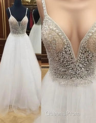 Sexy Backless V Neck White Beaded A-Line Long Evening Evening Prom Dress