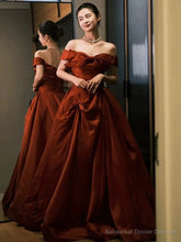 Sexy Ball Gown Off The Shoulder Satin Rust Red Floor Length Evening Dress Prom Dresses