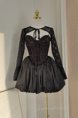 Sexy Ball Gown Spaghetti Straps Black Lace Travel Vacation Dress Short Satin Birthday Dress