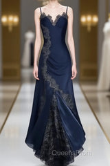 Sexy Bodycon Mermaid Straps Long Navy Blue Lace Evening Prom Dress Party Dress