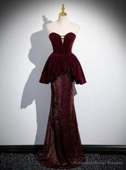 Sexy Burgundy Velvet Sequins Strapless Prom Dress
