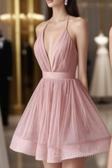 Sexy Deep V-Neck A-Line Backless Pink Homecoming Dress Online,