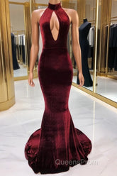Sexy Halter Burgundy Winter Wedding Guest Dress Velvet Evening Prom Dress Sleeveless