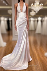 Sexy Halter V-Neck Mermaid Evening Prom Dress Ruffle Satin Long Party Dress