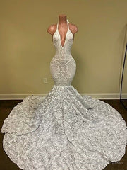 Sexy Hater Deep V-Neck Backless Ivory Prom Dress with Flowers Bottom