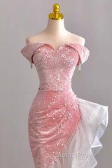 Sexy High Low Off The Shoulder Pink Velvet Evening Prom Dress