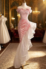 Sexy High Low Off The Shoulder Pink Velvet Evening Prom Dress