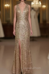 Sexy Leg Split Open Back Mermaid Sequins Evening Prom Dress