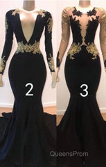 Sexy Long Sleeve Black Gold Evening Prom Dress V Neck Appliques Formal Dress