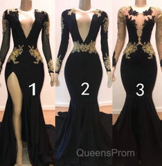 Sexy Long Sleeve Black Gold Evening Prom Dress V Neck Appliques Formal Dress