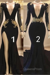 Sexy Long Sleeve Black Gold Evening Prom Dress V Neck Appliques Formal Dress