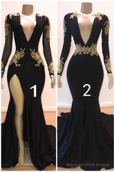 Sexy Long Sleeves Black Mermaid Prom Dress Sequins Long Deep V-neck With Split