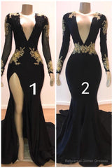 Sexy Long Sleeves Black Mermaid Prom Dress Sequins Long Deep V-neck With Split