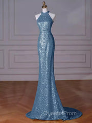 Sexy Mermaid Halter Sequin Blue Floor Length Evening Prom Dress