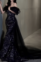 Sexy Mermaid Long Black Sequin Prom Dresses With Cap Sleeves Long Prom Dress