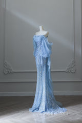 Sexy Mermaid Off The Shoulder Blue Sequin Long Evening Prom Dress Evening Gowns