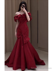 Sexy Mermaid Off The Shoulder Burgundy Satin Floor Length Evening Dress Prom Dresses
