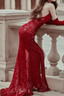 Sexy Mermaid Party Dresses Sequin Halter Red Prom Dresses