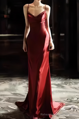 Sexy Mermaid Silk Satin Burgundy Prom Dress Long Prom Dresses