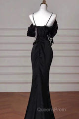 Sexy Mermaid Spaghetti Straps Black Long Formal Dress Satin Evening Prom Dress