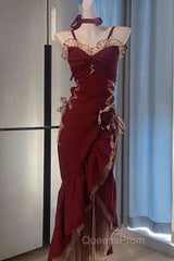 Sexy Mermaid Spaghetti Straps Burgundy Long Evening Dress Evening Prom Dress