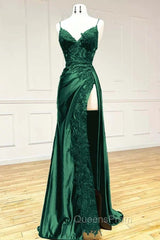 Sexy Mermaid Spaghetti Straps Dark Green Lace Backless Evening Prom Dress Long Party Dress
