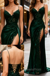Sexy Mermaid Spaghetti Straps Dark Green Lace Backless Evening Prom Dress Long Party Dress