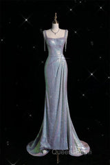 Sexy Mermaid Spaghetti Straps Sequin Silver Evening Gowns Long Evening Prom Dress