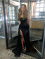 Sexy Mermaid Spaghetti Straps Sequin Slit Black Long Classy Prom Dress Party Dress
