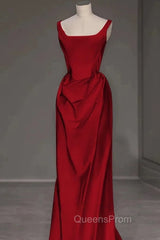 Sexy Mermaid Square Neckline Red Satin Floor Length Evening Prom Dress