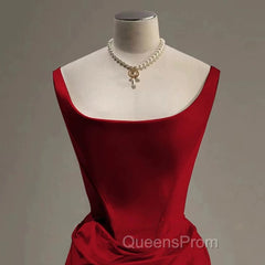 Sexy Mermaid Square Neckline Red Satin Floor Length Evening Prom Dress