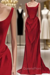 Sexy Mermaid Square Neckline Red Satin Floor Length Evening Prom Dress