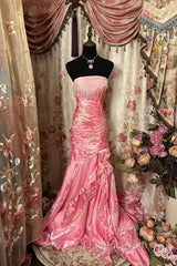 Sexy Mermaid Strapless Pink Satin Long Evening Dress Party Dress Evening Prom Dress