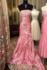 Sexy Mermaid Strapless Pink Satin Long Evening Dress Party Dress Evening Prom Dress