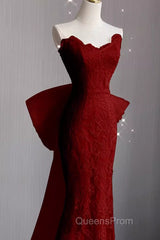 Sexy Mermaid Strapless Red Lace Long Evening Prom Dress