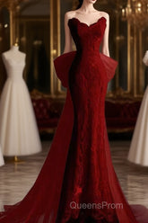 Sexy Mermaid Strapless Red Lace Long Evening Prom Dress